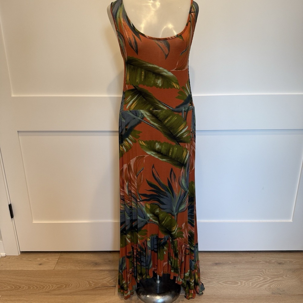 Soft Surroundings Rust Tropical Palm Leaf Ruffle Hem Maxi Dress Sleeveless Boho
